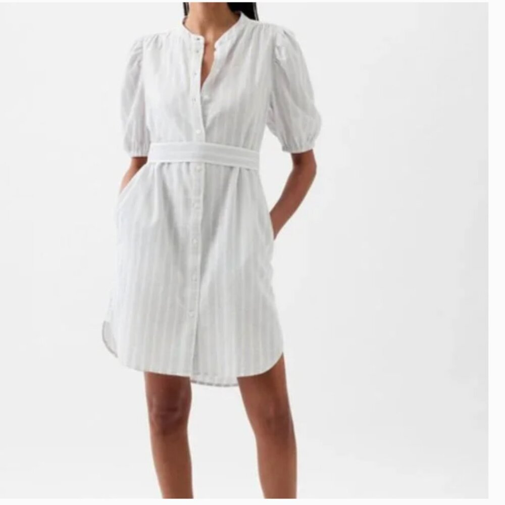 Striped White Button-Front Puff Sleeve Dress